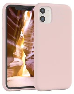 A pink iPhone 11 case is shown from the back, with the phone's screen displaying a canyon landscape.