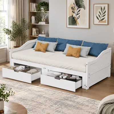 Imagen del producto de INONEFT, cama nido extraíble de 90/180x200 cm, sofá cama con 2 cajones y estructura de madera maciza, ideal como cama supletoria para dormitorios y salones, color blanco