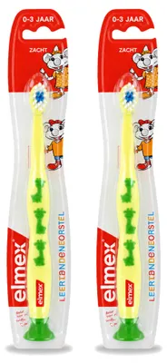 Imagen del producto de 2 cepillos de dientes para niños Elmex, diseñados para el aprendizaje y suaves para niños de 0 a 3 años. Paquete de 2 unidades