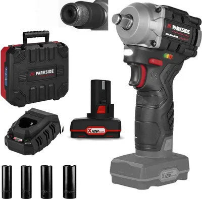 A collection of tools and accessories for a cordless impact wrench.