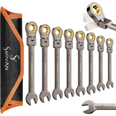 Productafbeelding van Ratelsleutels set, 8-delig, 8-19 mm, metrisch, 72 tanden, flexibele kop, chroom-vanadiumstaal, inclusief opbergzak