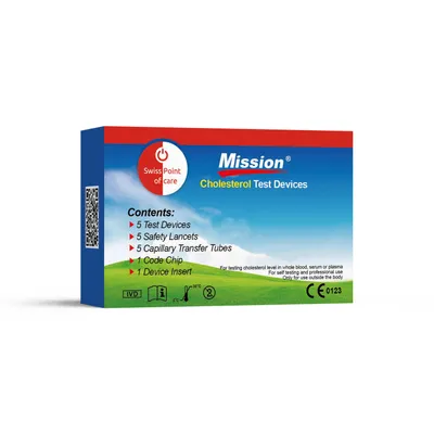 Obrázek produktu pro Testovací proužky na cholesterol Mission 3-IN-1 - 5 kusů - pro glukometr Mission®