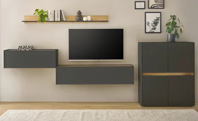 Produktbild von Wohnwand mit Sekretär in grau und Eiche, Wohnkombination Center 4-teilig 370 cm