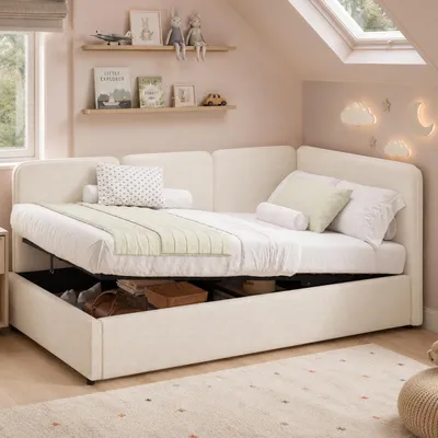 Produktbild von Flieks Hydraulisches Schlafsofa 90x200cm mit Stauraum, Polsterbett mit austauschbarer Armlehne, Jugendbett Tagesbett Einzelbett Bouclé, Beige