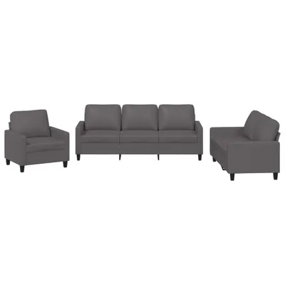 A set of three gray furniture pieces, including an armchair and a sofa, arranged on a white background.