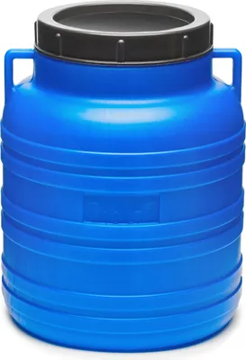 A blue plastic barrel with a black lid and gray rim, shown from the front on a white background.