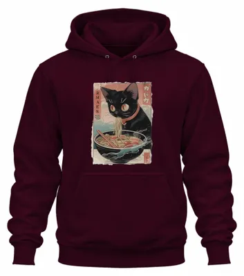 Obrázok produktu pre RMAEN Mikina s kapucňou s motívom "Ramen, Čierna mačka, Japonsko, Y2K, Manga", farba: bordová, veľkosť: 3XL