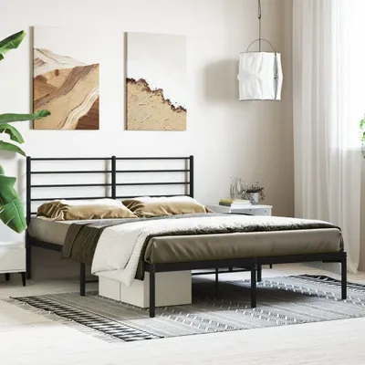 A black metal bed frame with a headboard is shown in a bedroom setting.