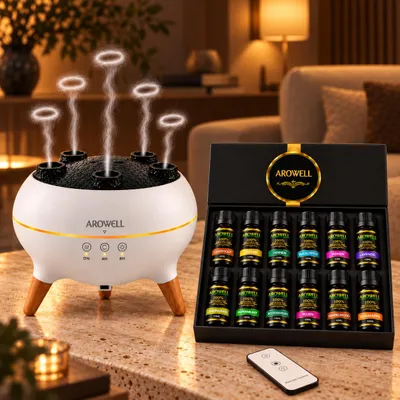 Productafbeelding van Arowell - Aromadiffuser - Jellyfish - Geluidsreactief - Aroma Diffuser met 12 Etherische Oliën – Luchtbevochtiger met Vlameffect, Afstandsbediening, 7 Kleuren en Timer – 250 ml