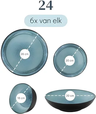Produktbild von PolkaHome® 24-teiliges Serviesset Ibiza – Mediterranes Geschirr, Schwarz/Petrol, Steingut, für 6 Personen