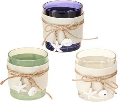 Produktbild von Teelichthalter Glas Set Maritim Blau Grün Weiß 7,5cm 3er, 3 Stück