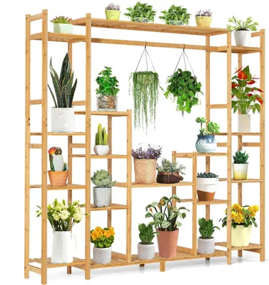 Produktbild von GOPLUS 9 Etagen Pflanzenständer, Pflanzenregal Bambus mit Hängeregal, Blumenregal Blumenständer Blumentreppe für Garten, Balkon, 167 x 30 x 166 cm