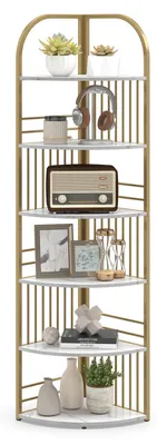 Produktbild von COSTWAY 6 Ebenen Eckregal Bücherregal, offenes Standregal mit Metallrahmen, Pflanzenregal stehend, Aufbewahrungsregal, 42 x 42 x 181,5 cm (Weiß)