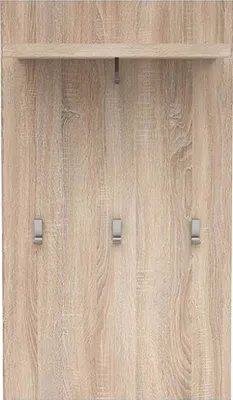 A close-up shot of a wooden coat rack with three hooks.