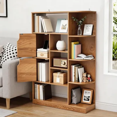 Produktbild von Bücherregal mit 9 offenen Regalböden und 2 Türen, Eichenfarbe, 80 x 24 x 120 cm