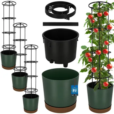 Obrázok produktu pre KOTARBAU® Súprava 3 kusov kvetináčov na paradajky, priemer 29 cm. Kvetináč s oporou na rastliny pre popínavé rastliny. Konštrukcia na paradajky, výška 108 cm. Robustná a odolná, plast, zelená farba