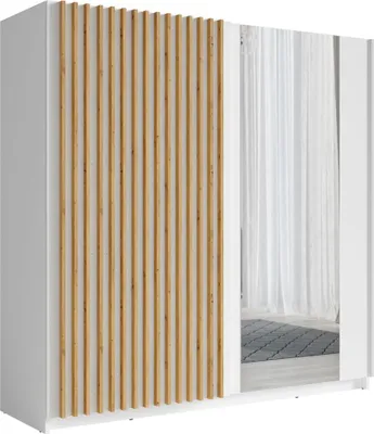 Produktbild von Schlafzimmer Schwebetürenschrank mit 200 cm Breite in weiß mit Eiche, Schwebetüren mit Spiegel und Lamellenfront - DOBRA-166