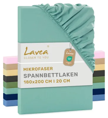 Produktbild von Lavea® Spannbettlaken 180x200 cm aus Mikrofaser, Bettlaken mit Rundumgummi, für Matratzen bis 20 cm, atmungsaktiv und kühlend, pflegeleicht, Spannbetttücher, 1 Stück, Eukalyptus