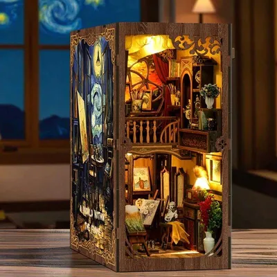 Immagine prodotto di Habarri | Libreria fai da te - Parole nascoste nelle immagini - Puzzle 3D - Kit casa in miniatura con mobili e luce LED - Kit libreria