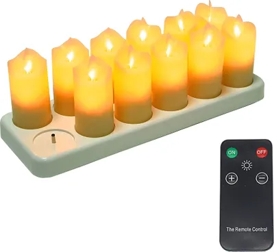 Produktbild von Flackernde flammenlose Kerzen, 12 Stueck, wiederaufladbar, realistische LED-Kerzen mit 4-Tasten-Fernbedienung, elektrische Kunststoffkerzen in warmem Gelb fuer Zuhause, Halloween, Weihnachten, Party, Hochzeit, Festival, Feier-Dekoration