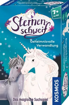 The image shows the front and side of a board game box featuring two unicorns and stars.