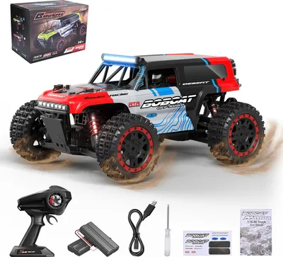 Zdjęcie produktu dla Samochód zdalnie sterowany RC – terenowa ciężarówka 4x4 w skali 1:16 – prędkość 40 km/h – częstotliwość 2,4 GHz – reflektory LED – w zestawie 2 baterie AAA – kolor czerwono-czarny