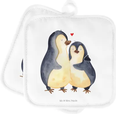 Produktbild von Mr. & Mrs. Panda Topfuntersetzer Pinguin umarmen - Weiß - Geschenk, Hochzeitsgeschenk, Ofenlappen, topfhalter, Umarmung Verliebt, Topflappen Set, Verknallt, Liebe