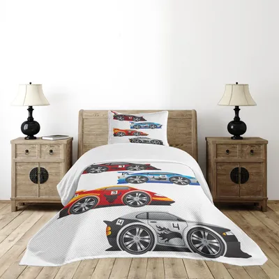 Zdjęcie produktu dla ABAKUHAUS Zestaw narzut na łóżko, kolekcja Formuła Samochody wyścigowe Nowoczesna technologia mechaniczna Mistrzostwa motoryzacyjne, 170 x 220 cm, wielokolorowy