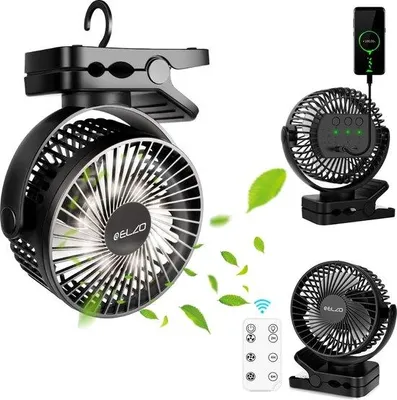 Immagine prodotto di Mini ventilatore ricaricabile da 12 V e 12.000 mAh con luce LED e supporto a pinza, orientabile a 360°, silenzioso con telecomando, per scrivania e passeggini