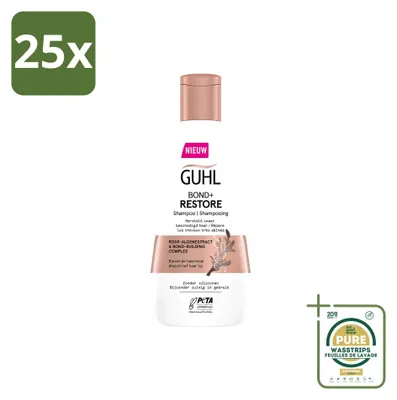 Imagen del producto de 25 champús Guhl Bond+ Restore para cabello dañado, 250 ml cada uno, pack de 25 unidades