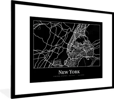 Produktbild von MuchoWow® Gerahmtes Poster Karte - New York - Stadtplan - Karte 80x60 cm - Poster mit Schwarzem Bilderrahmen Wandposter Rahmen Foto Bilder - Schlafzimmer-Dekorationen - Fotoposter