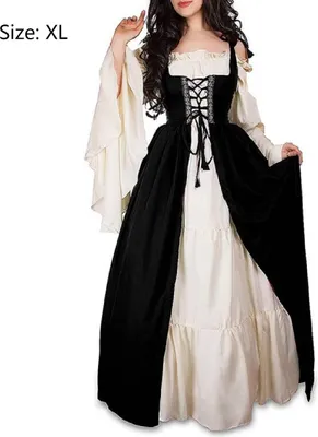 Produktbild von Damen Mittelalterliche Kleid mit Trompetenärmel Mittelalter Party Kostüm Maxikleid, schwarz, XL
