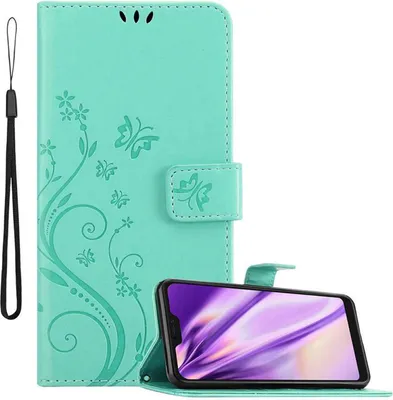 A turquoise flip phone case with a floral and butterfly design is shown open, with a smartphone placed inside.