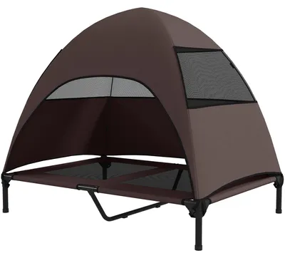 Image de Lit de chien surélevé, protection solaire, transat pour chien d'extérieur avec toit, pour grandes races, en textilène et acier, couleur café. Toit amovible. Capacité jusqu'à 35 kg. Dimensions : 106 x 76 x 99 cm