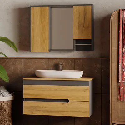 Produktbild von Badmöbel Set 100 cm Anthrazit & Eiche | Unterschrank Waschbecken Spiegelschrank