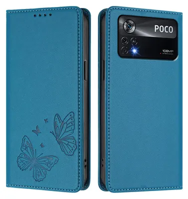 Produktbild von Lederhülle für Xiaomi Poco X4 Pro 5G, Schmetterling Prägung Leder Brieftasche Schutzhülle mit Ständer Blau