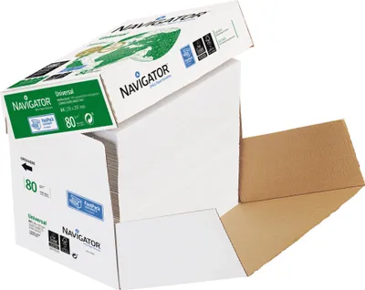 A box of Navigator Universal paper is shown, with the lid open and a stack of paper visible.
