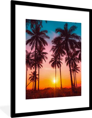Produktbild von MuchoWow® Gerahmtes Poster Palme - Sonnenuntergang - Horizont - Strand - Orange - Rosa 60x80 cm - Poster mit Schwarzem Bilderrahmen Wandposter Rahmen Foto Bilder - Wohnzimmer - Dekorationen - Prämie
