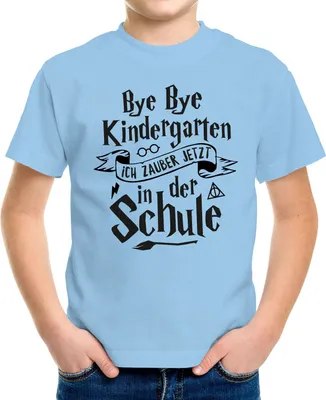 Produktbild von Kinder T-Shirt Jungen Bye Bye Kindergarten ich zaubere jetzt in der Schule Geschenk zur Einschulung Schulanfang Moonworks® hellblau 122-128 (7-8 Jahre)