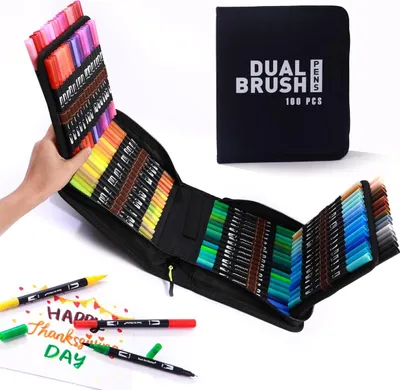 Produktbild von Doppelpinselstift-Set, 100 Farben, Pinselstift-Set, Marker-Set, wasserbasierte Pinselstifte mit Doppelfaserspitze, Handlettering-Stifte fš¹r Kalligrafie, Zeichnen, Manga, Malbš¹cher