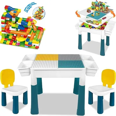 Produktbild von Kinder Bautisch Set für LEGO & DUPLO - Multifunktionaler Spieltisch mit 2 Stühlen + 4 Spielzeugkisten - Modell "Aquamarin" - inkl. 248 Bausteine