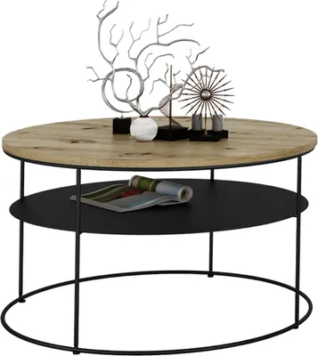 Zdjęcie produktu dla Okrągły Stolik Kawowy z Półką Salon Loft Metal 75x75x43 Czarny+Dąb Artisan