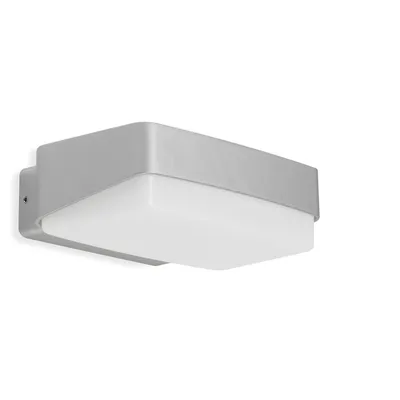 A silver and white outdoor wall lamp is shown against a white background.
