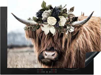 Produktbild von KitchenYeah© Herdabdeckplatte Schottische Highlander - Blumen - Hoorn , 71x52cm, Küche Deko, Glaskeramikkochfeld Herdabdeckung, Abdeckplatte fùr Kochfeld