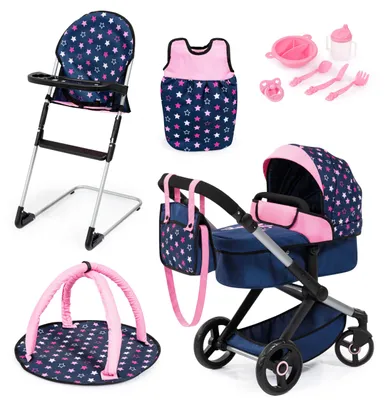 Produktbild von Bayer Design 17016AD Puppenwagen Xeo, verstellbarer Griff, Schwenkschieber, wandelbar als Jogger, Schlafsack, Hochstuhl, Spielbogen, Puppenzubehör