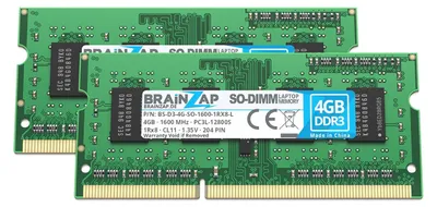 Produktbild von BRAINZAP 8GB DDR3 RAM SO-DIMM PC3L-12800S 1Rx8 1600 MHz 1.35V CL11 Notebook Laptop Arbeitsspeicher (2x 4GB)