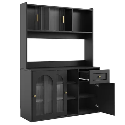 A black hutch-style storage cabinet with multiple shelves, two glass-fronted doors, and a pull-out drawer.