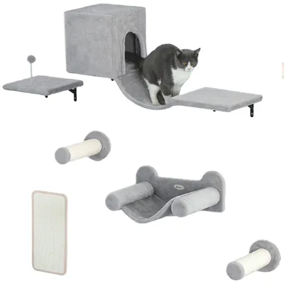 Produktbild von PawHut Kletterwand Katzen 6-teilig Katzen Kletterwand Set mit Katzenhaus