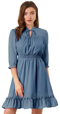 Produktbild von Allegra K Damen Herbst Hochzeit Gäste Kleider Rüschensaum 3/4 Ärmel A-Linie gesm