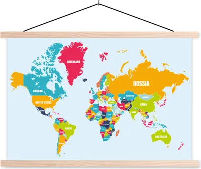 Produktbild von MuchoWow® Textilposter Weltkarte - Farben - Buchstaben - Kinder - Jungen - Mädchen 60x40 cm mit holzfarbenen Rahmen - Bilder